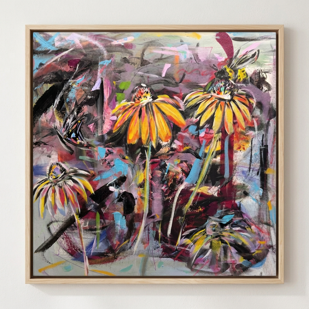 Coneflowers, Wild, Mixed media on canvas, 30 × 30 in