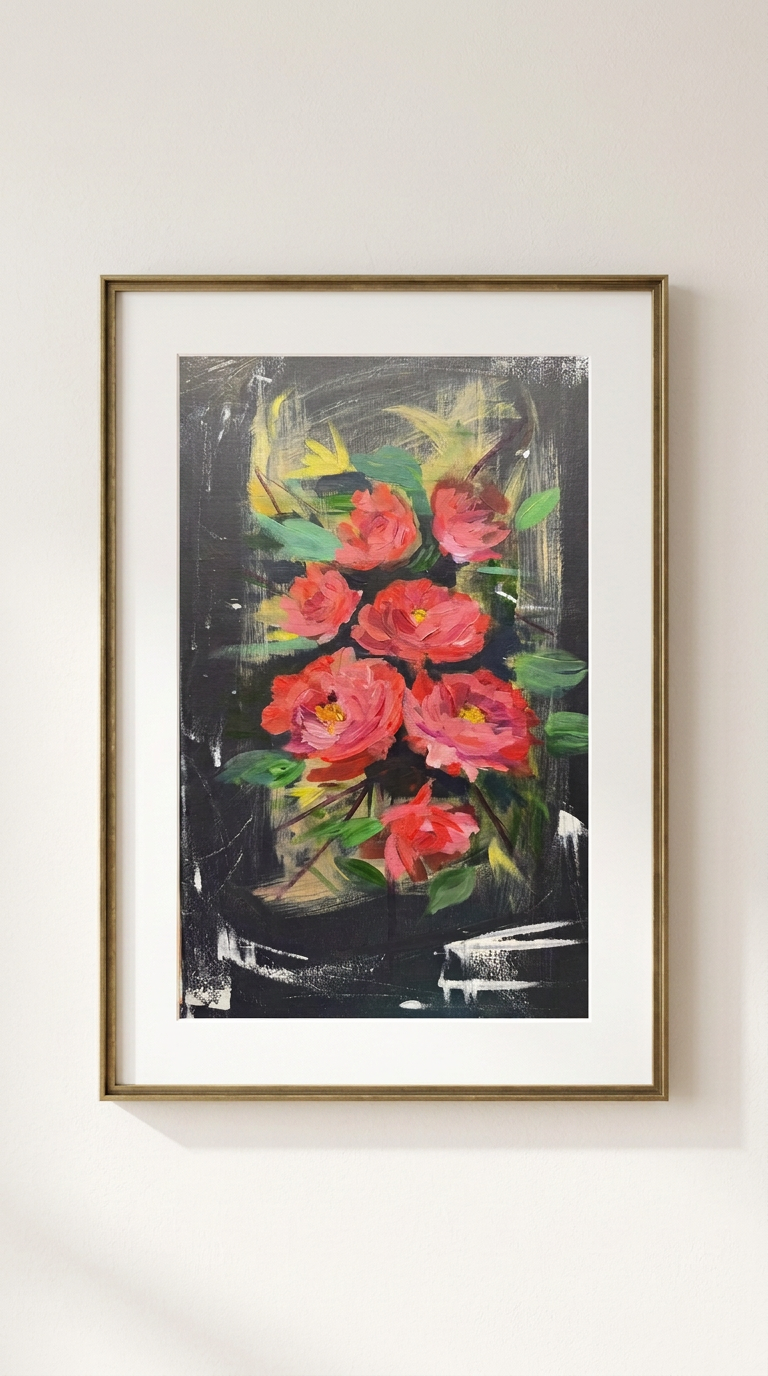Coral Roses, Midnight, Acrylic on canvas, 24 × 30 in