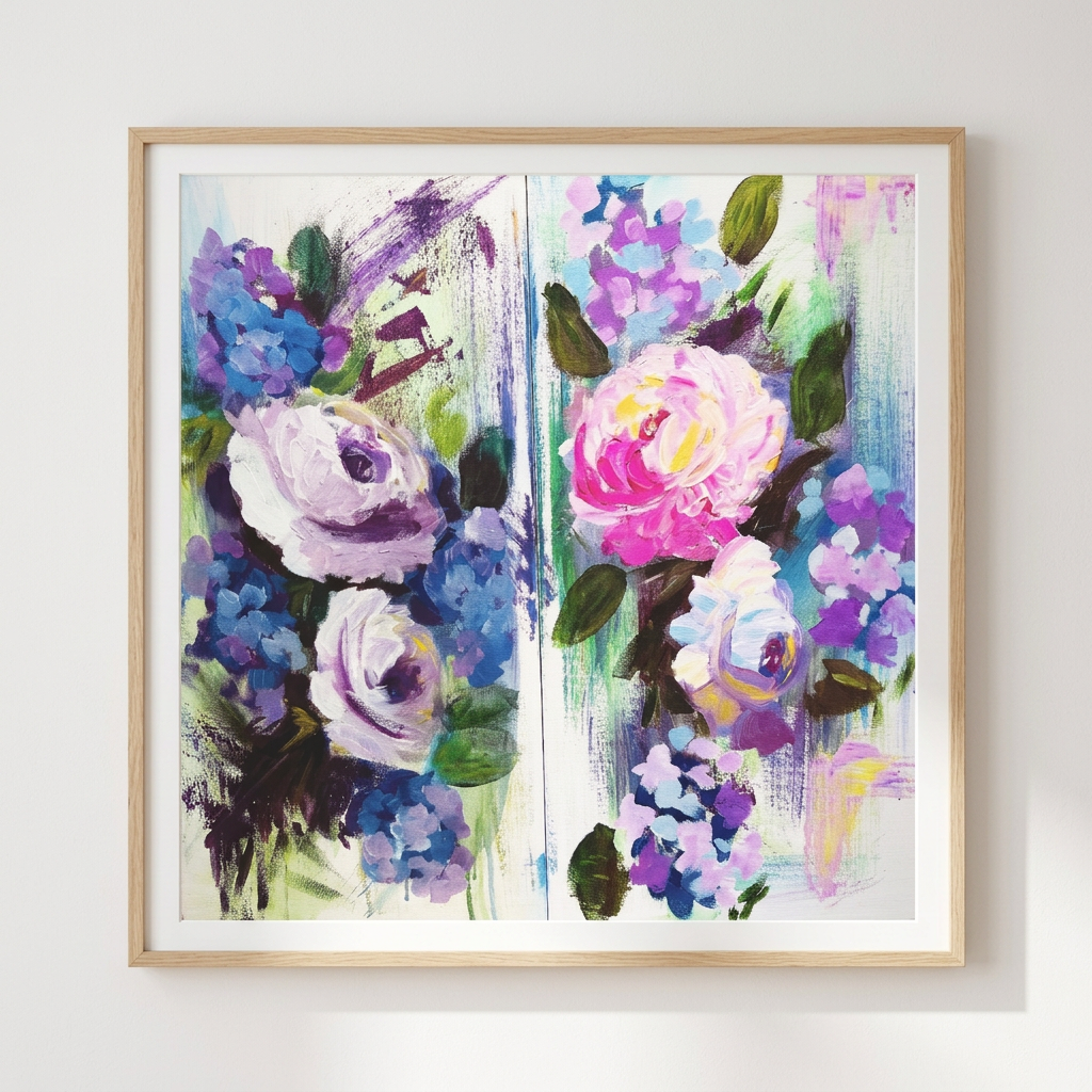 Pair of Florals, Acrylic on canvas, Two panels, 18 × 24 in each