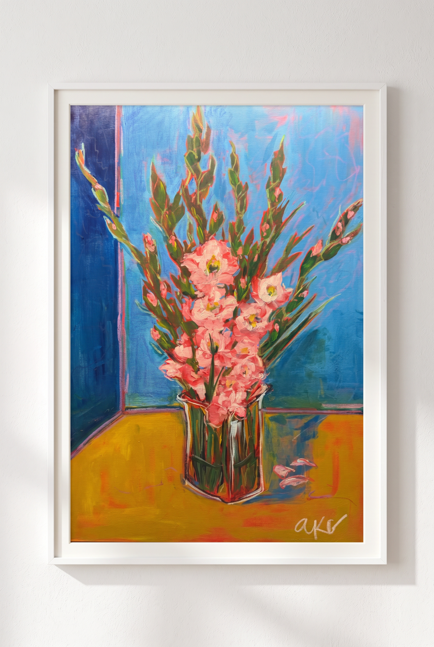 Gladiolus in Pink, Acrylic and oil pastel on canvas, 24 × 36 in