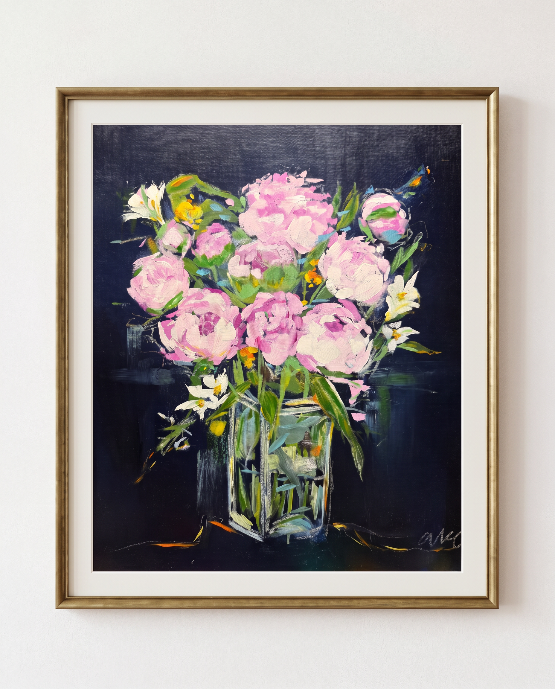 Midnight Peonies, Acrylic and oil pastel on canvas, 24 × 30 in