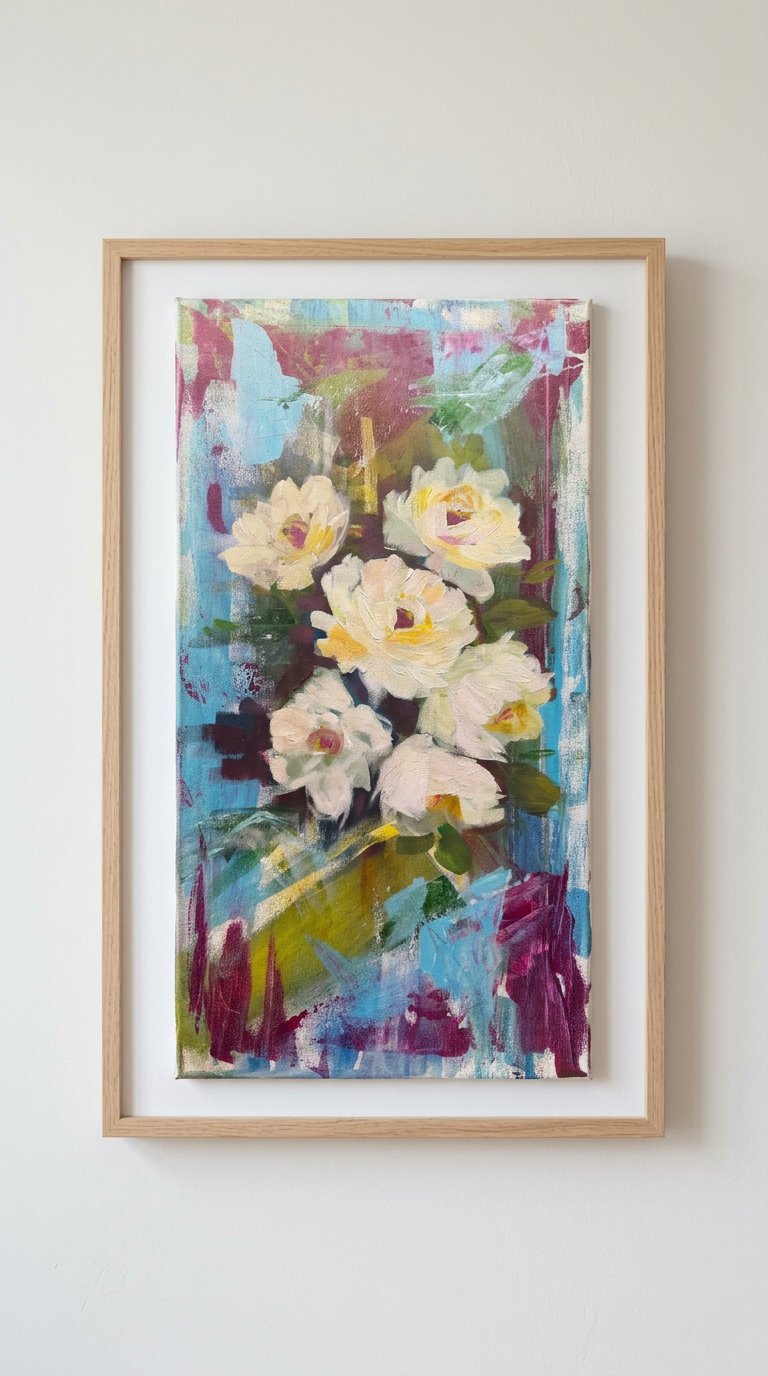 White Blooms on Blue, Acrylic on canvas, 24 × 30 in
