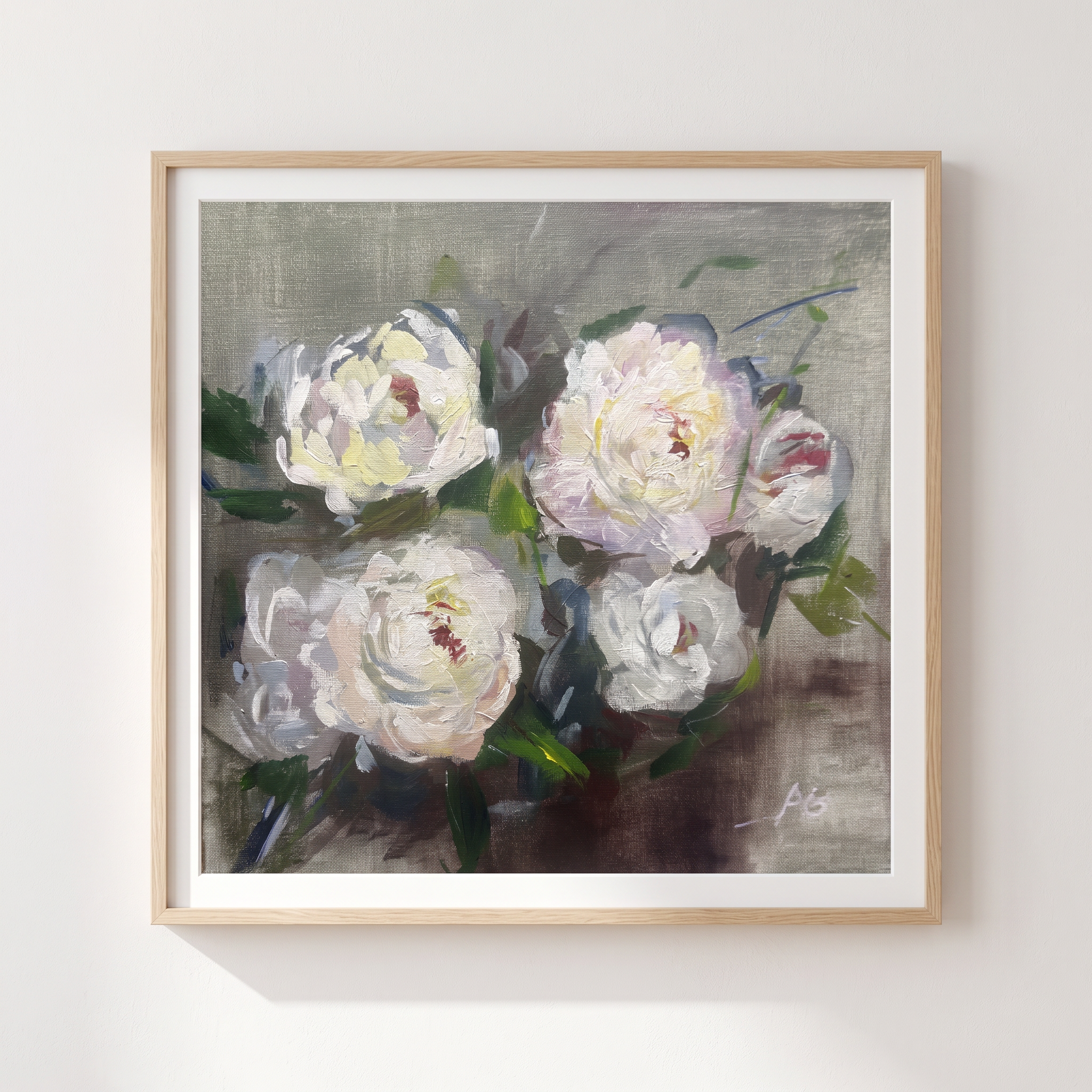 White Peonies, Window Light, Acrylic on canvas, 20 × 20 in